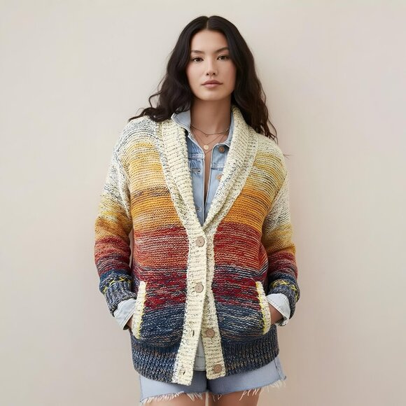 Anthropologie Sweaters - Anthropologie Pilcro Cardigan Large Ombre Sunset Knit Shawl Collar Boho Cottage